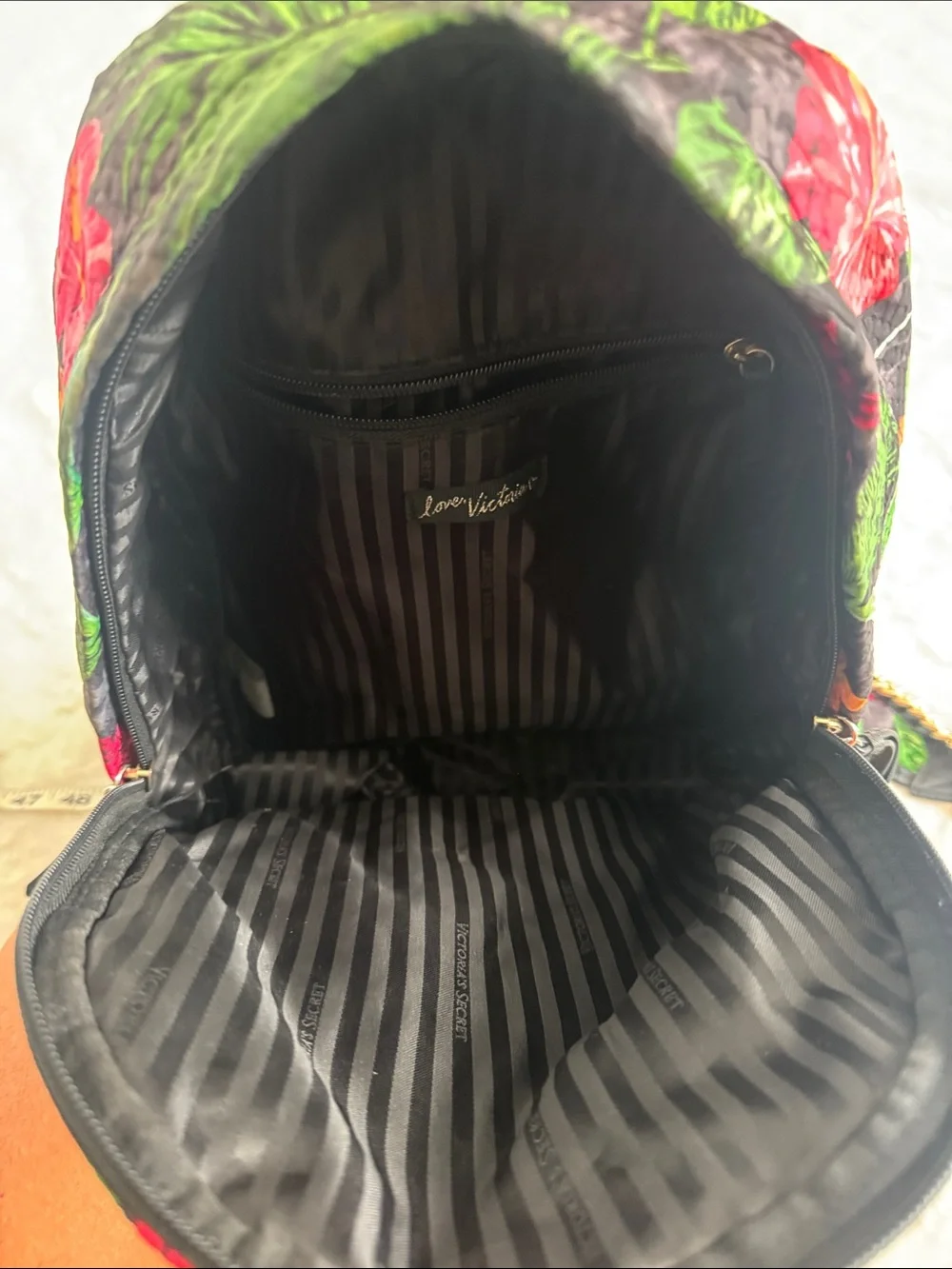 Victoria's Secret Black Tropical Floral Mini Backpack with Gold Chain